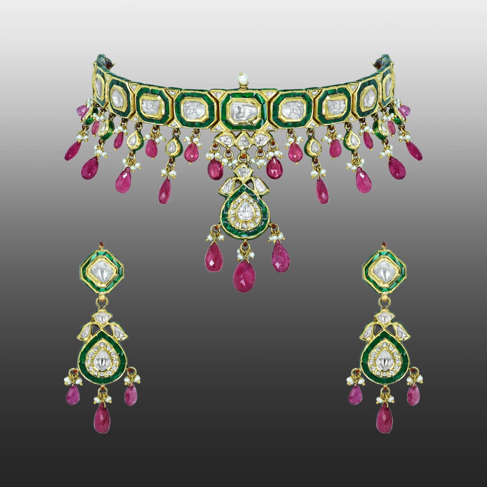 Polki Choker Set with Green Enamel, Tourmaline, and Pearls